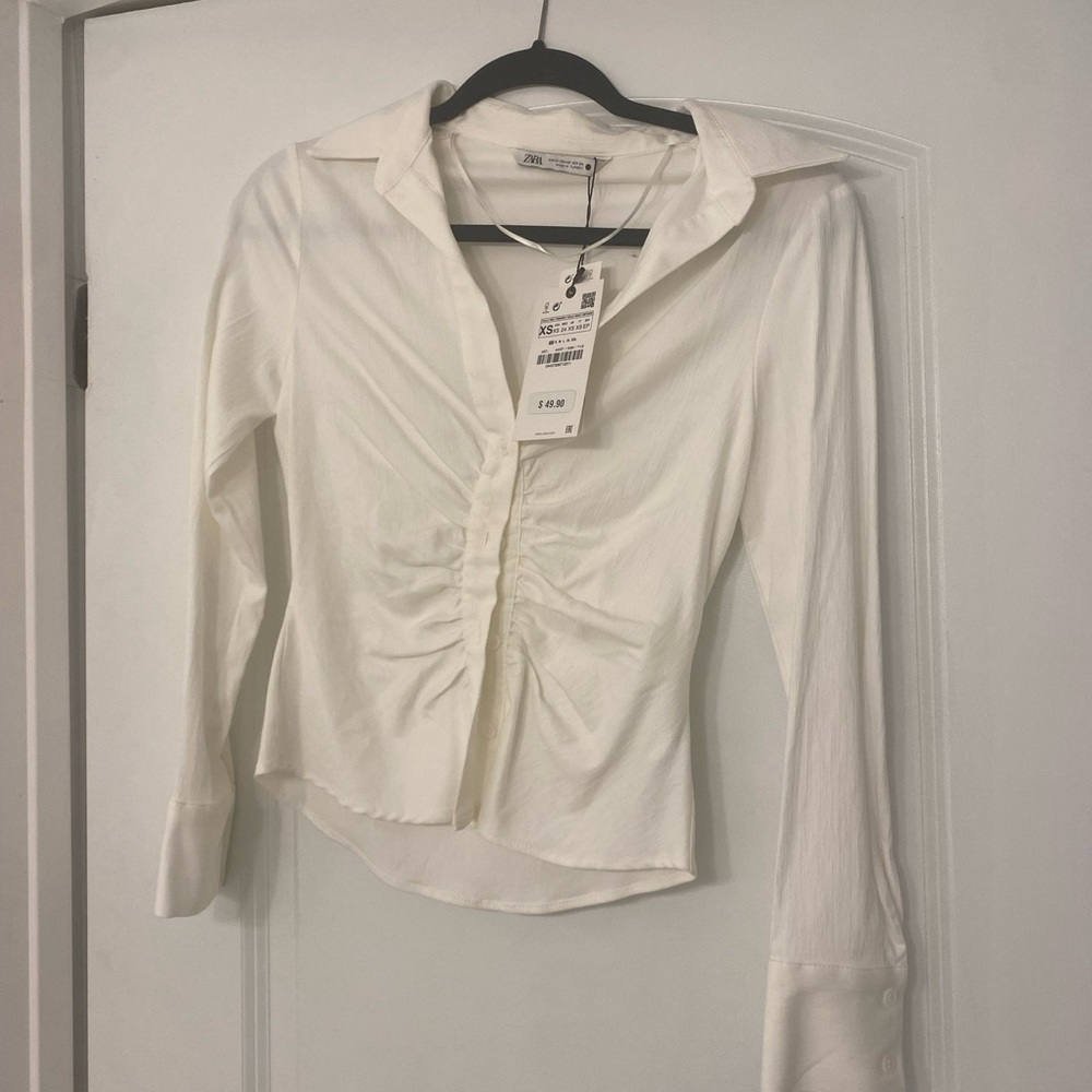 Zara White Rouged Button Down Shirt - Picture 2 of 3